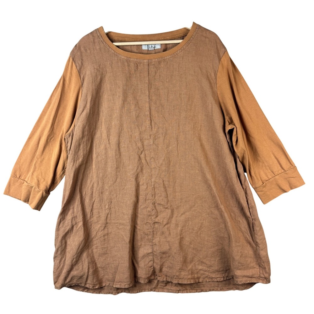 FLAX Linen Tunic Top Large Brown 3/4 Sleeve Pockets Lagenlook Mixed Media
